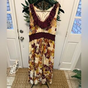 Magic Beautiful Floral & Polka Dot Print Ruffle Maxi Sleeveless Dress L